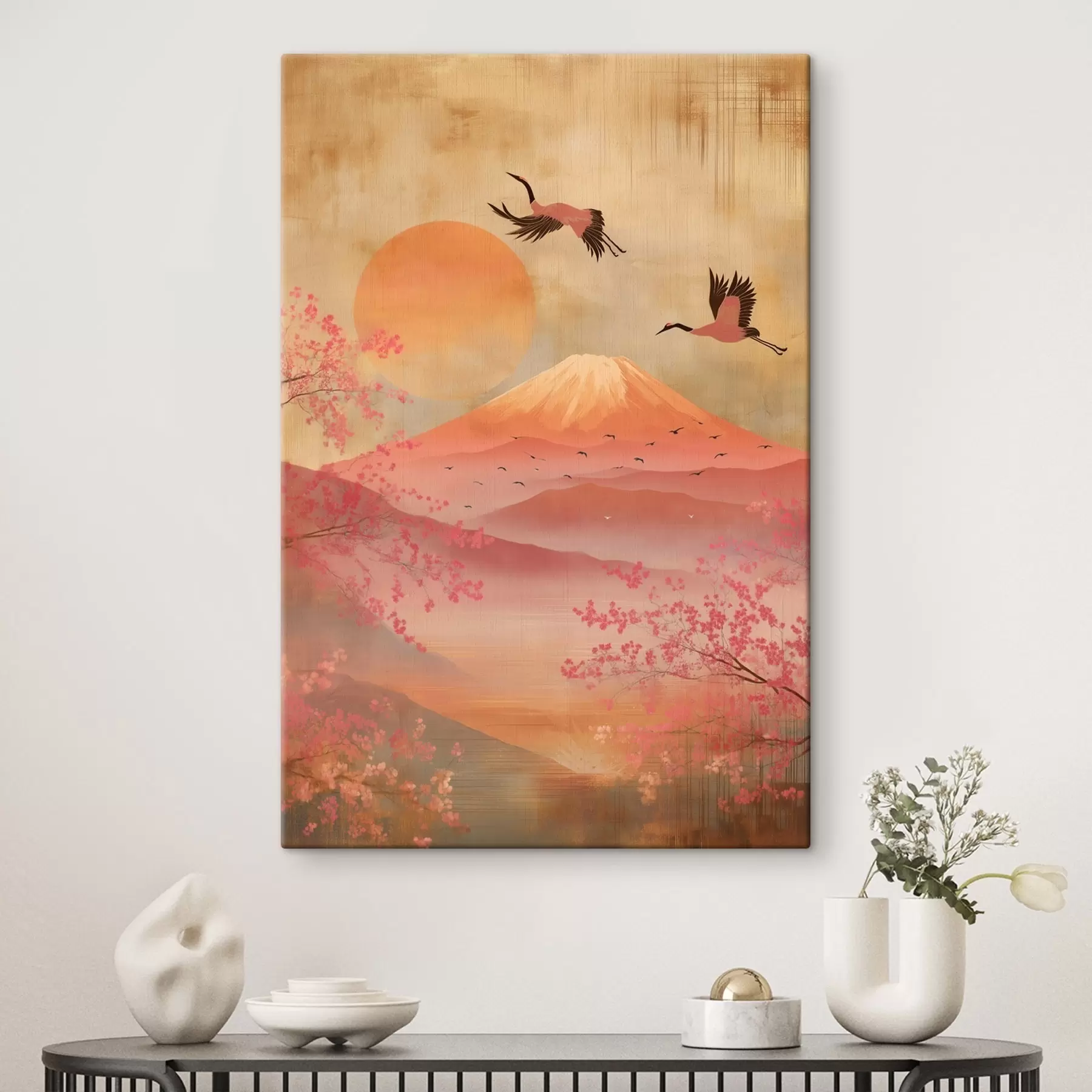 Paveikslėlis Kranai prieš saulę ir kalnus: iliustracija skaitmeninio meno stiliumi s47992