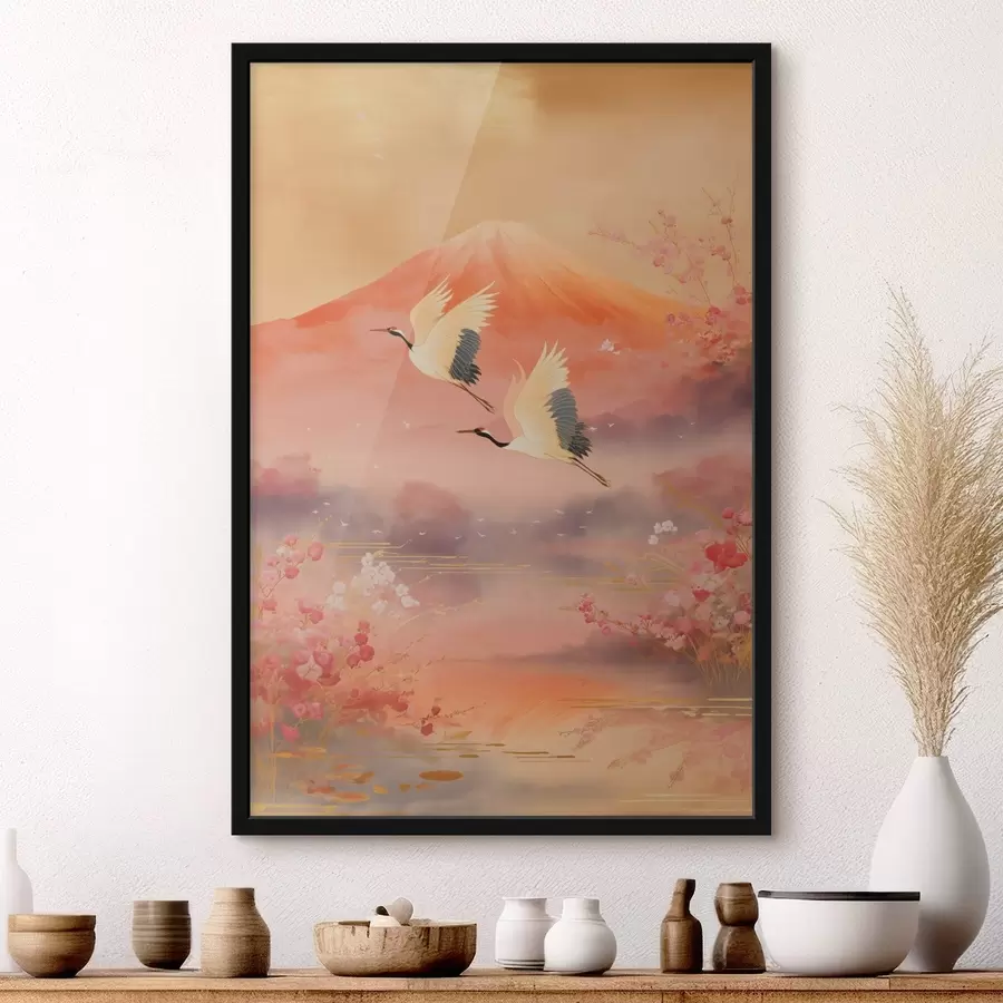 Fototapetai Tradicinis rytietiškas motyvas su sakurų žiedais ir gervėmis f47991