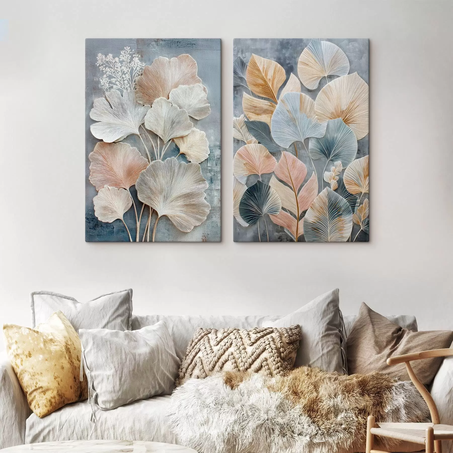 Paveikslėlis Abstraktaus kompozicija su dekoratyviniais lapais pilkai-smėlio spalvų paletėje m30030