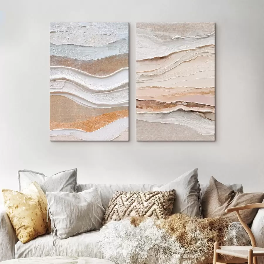 Paveikslėlis Minimalistinis diptikas su tekstūruotomis bangomis ant lino fono m30031