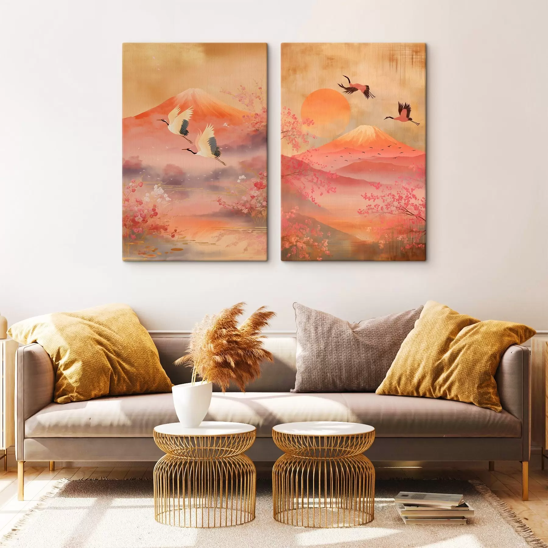 Paveikslėlis Japonijos peizažas su gervėmis ir Fudži kalnu, klasikinio iliustracijos stiliaus m30042