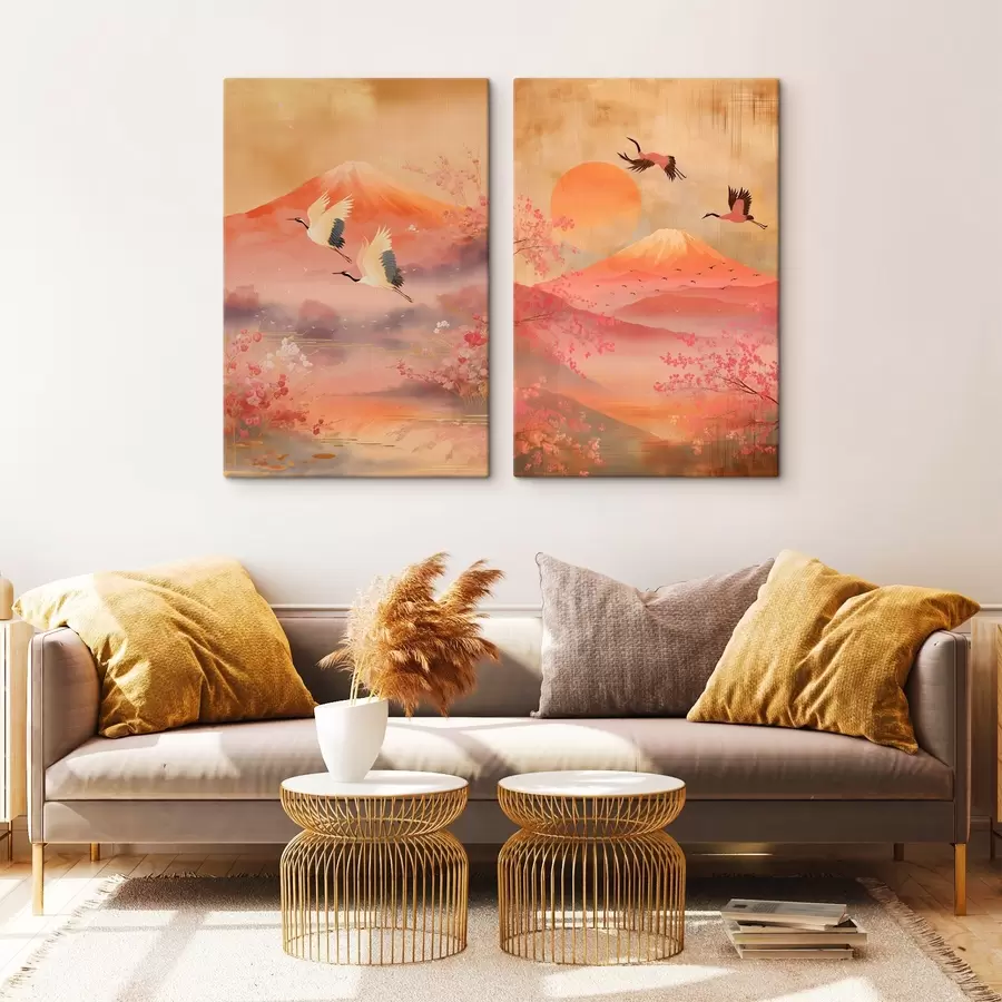 Paveikslėlis Japonijos peizažas su gervėmis ir Fudži kalnu, klasikinio iliustracijos stiliaus m30042