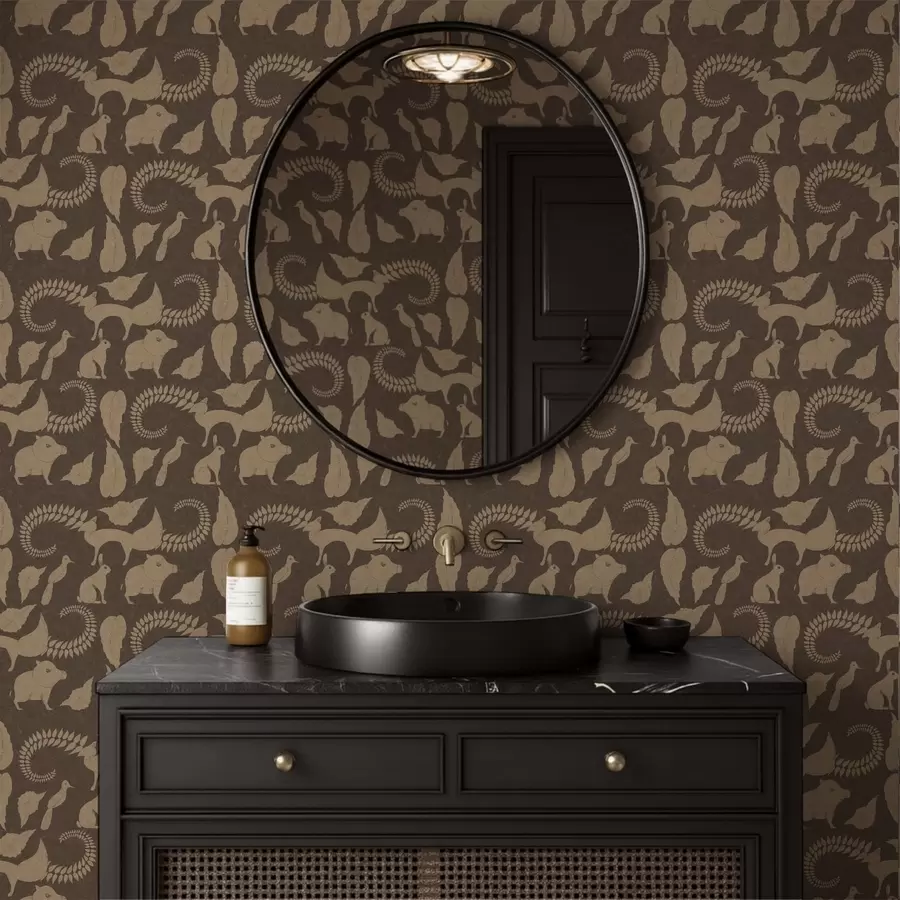 Fototapetai Miško raštas su gyvūnais ant rudo fono a01121