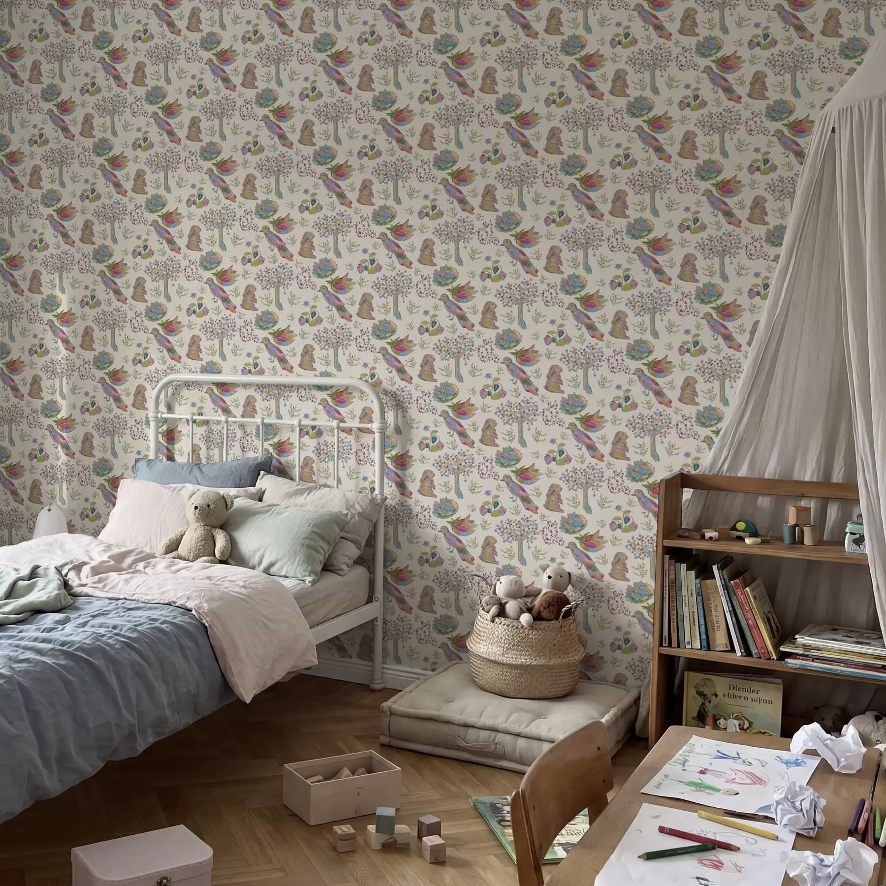 Fototapetai Spalvingas vaikų raštas su paukščiais ir triušiais a01127