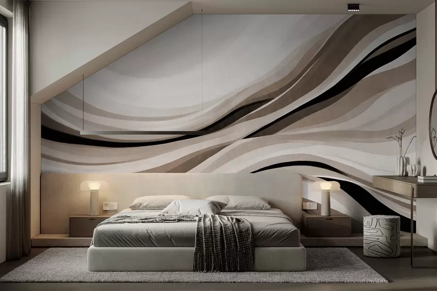 Fototapetai Abstrakčios banguotos linijos smėlio ir juodos spalvų atspalviais ant šviesaus fono, tekstūruotas menas w09748