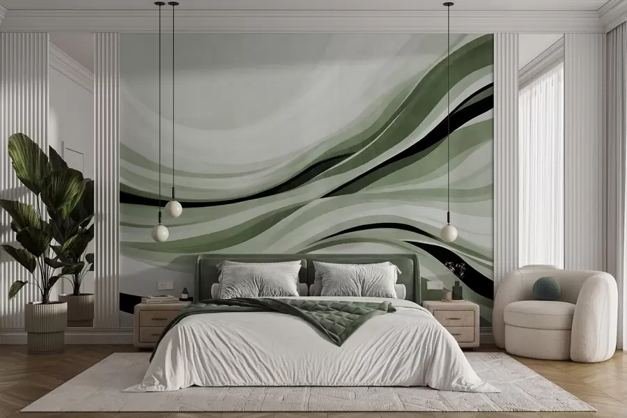 Fototapetai Abstrakčios banguotos linijos žalios ir juodos spalvų atspalviais ant šviesaus fono, tekstūruotas menas w09748v1