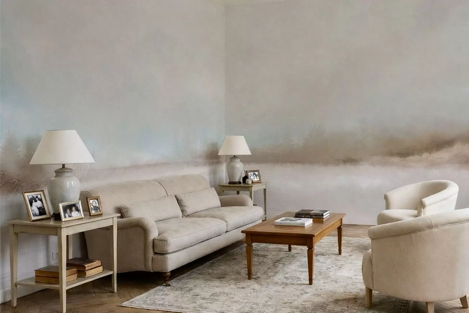 Fototapetai Rūko apgaubtas kraštovaizdis su ežeru ir mišku w05319