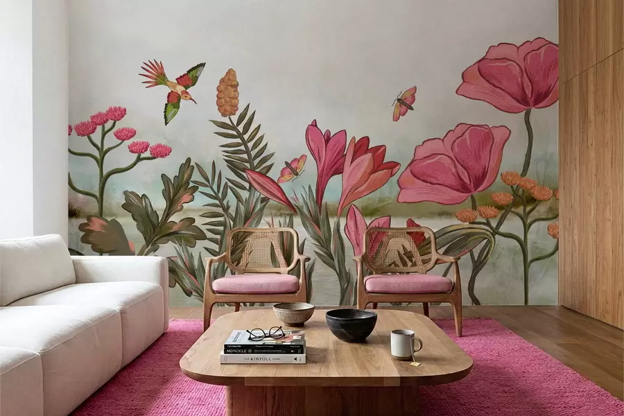 Fototapetai Ryškios gėlės su paukščiais ir drugeliais w05321