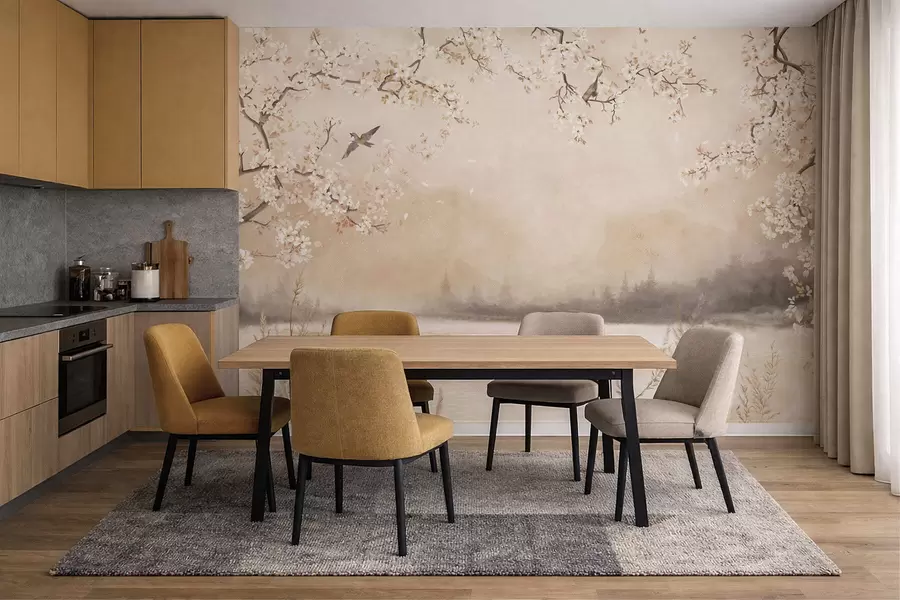 Fototapetai Subtilūs žydintys šakos prie ežero su paukščiais lengvoje rūko dangoje w05155