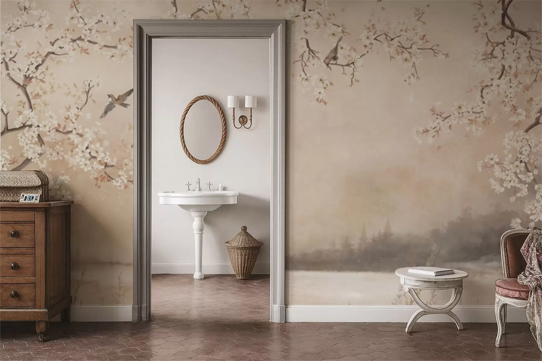 Fototapetai Subtilūs žydintys šakos prie ežero su paukščiais lengvoje rūko dangoje w05155