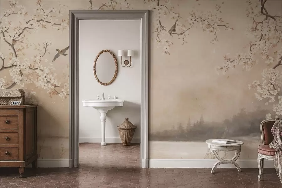 Fototapetai Subtilūs žydintys šakos prie ežero su paukščiais lengvoje rūko dangoje w05155