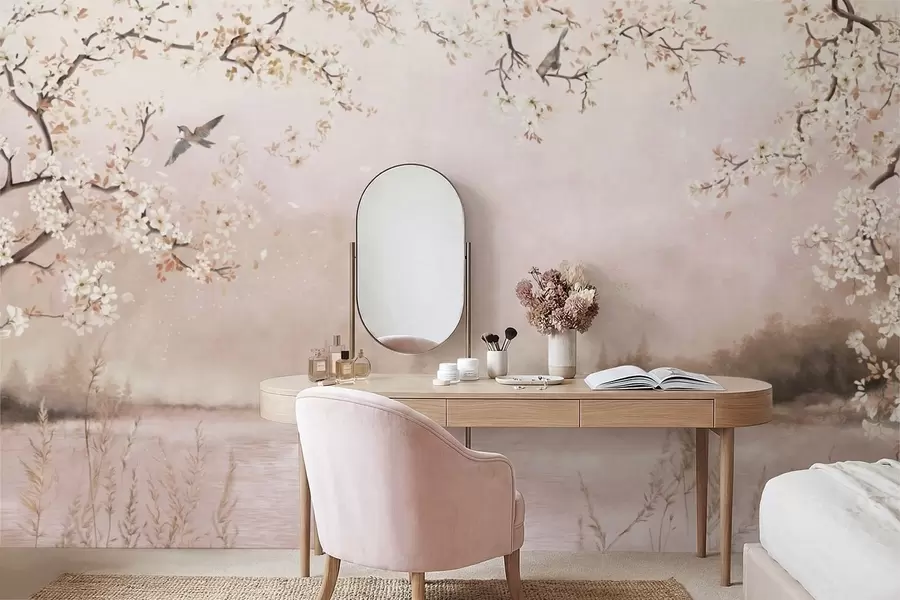 Fototapetai Žydintys šakos virš ramaus ežero su paukščiais rūke w05155v1