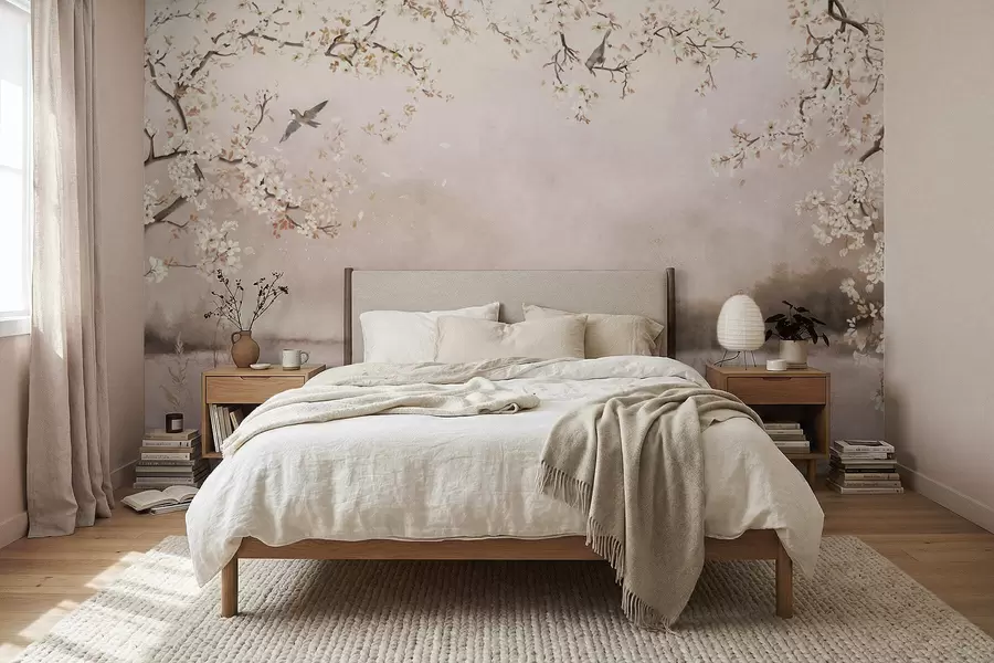 Fototapetai Žydintys šakos virš ramaus ežero su paukščiais rūke w05155v1