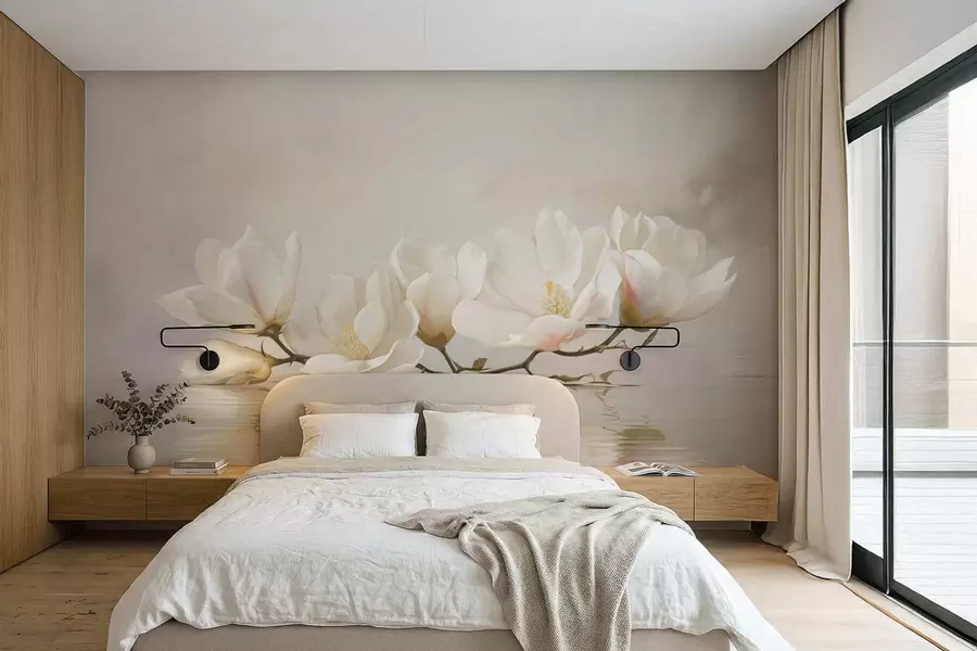 Fototapetai Šviesūs magnolijos žiedai ant šakos virš vandens atspindžio w05353