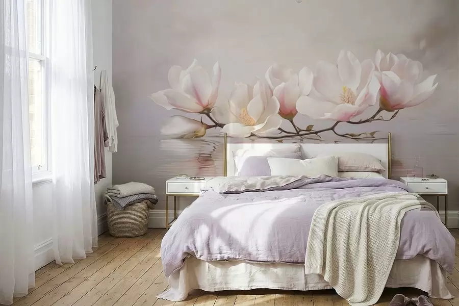 Fototapetai Magnolijos šaka su žiedais virš ramaus vandens atspindžio w05353v1