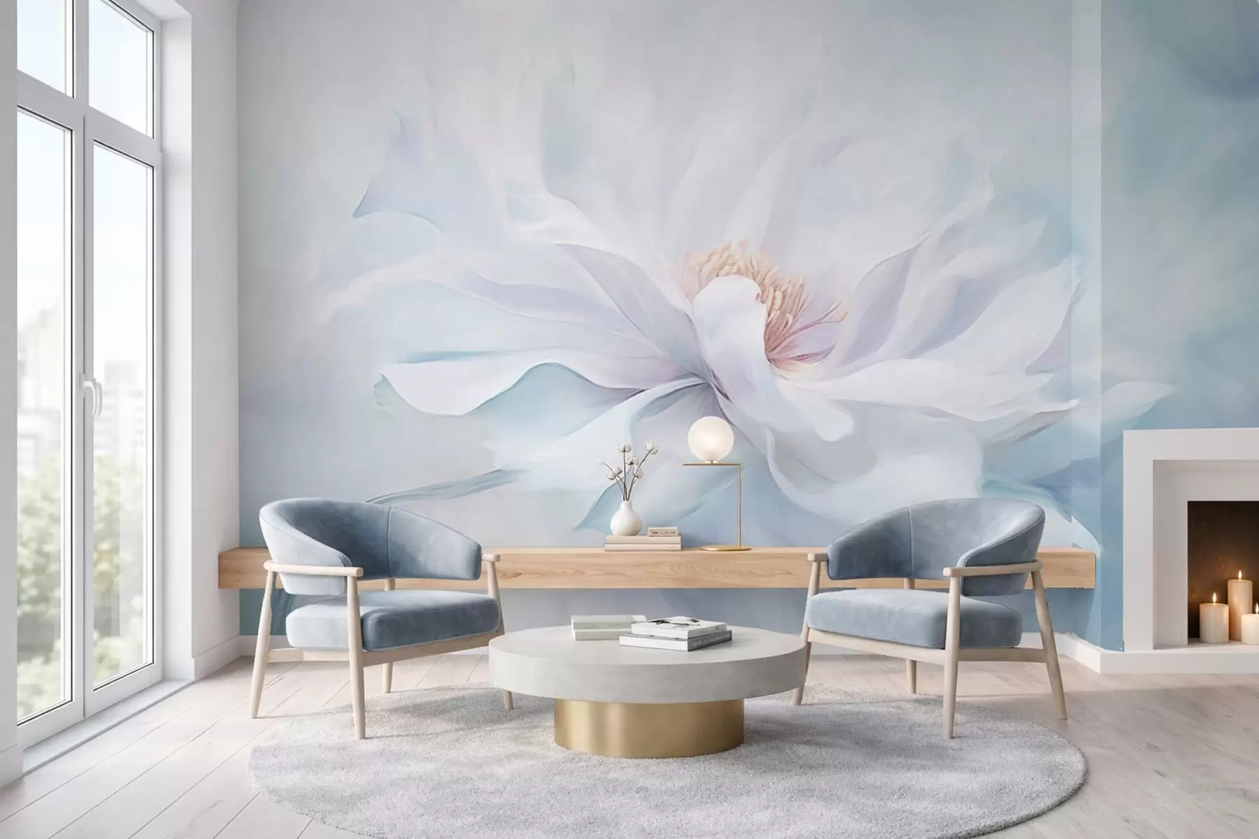 Fototapetai Minkšta balta gėlė su plaukiančiais žiedlapiais mėlyname fone w05354