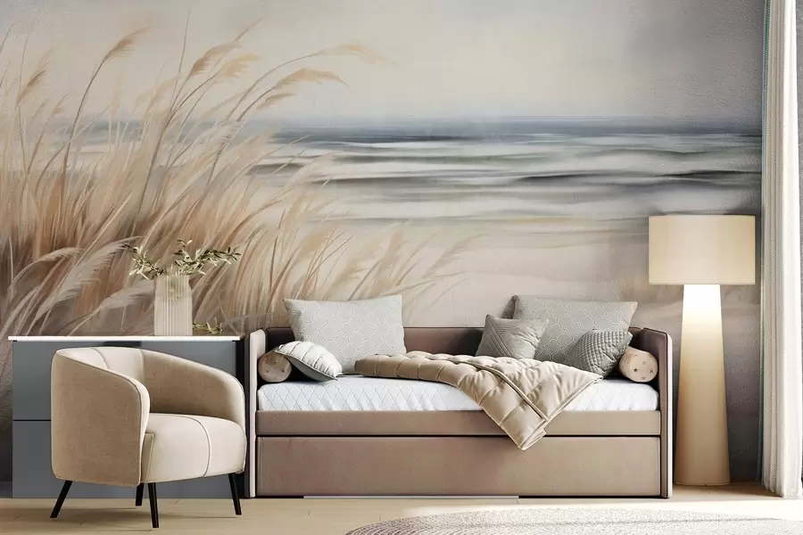 Fototapetai Tekstūruotas kraštovaizdis su sausa žole smėlio paplūdimyje, o fone matomas vandenynas ir dangus w09739