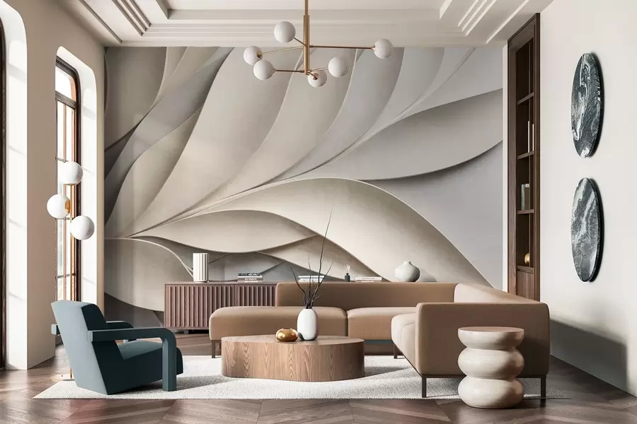 Fototapetai Abstrakčios smėlio ir pilkos spalvos lapai, tekstūruotas modernus menas w09769