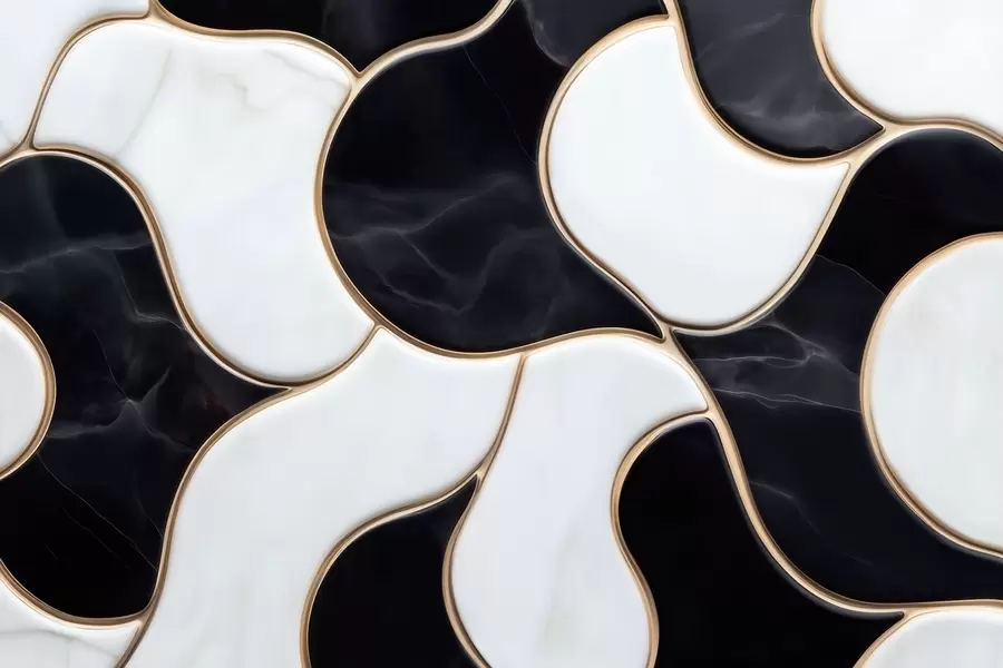 Fototapetai Abstrakti marmuro kompozicijos imitacija juodos ir baltos spalvų tonais su geltonomis linijomis w09733