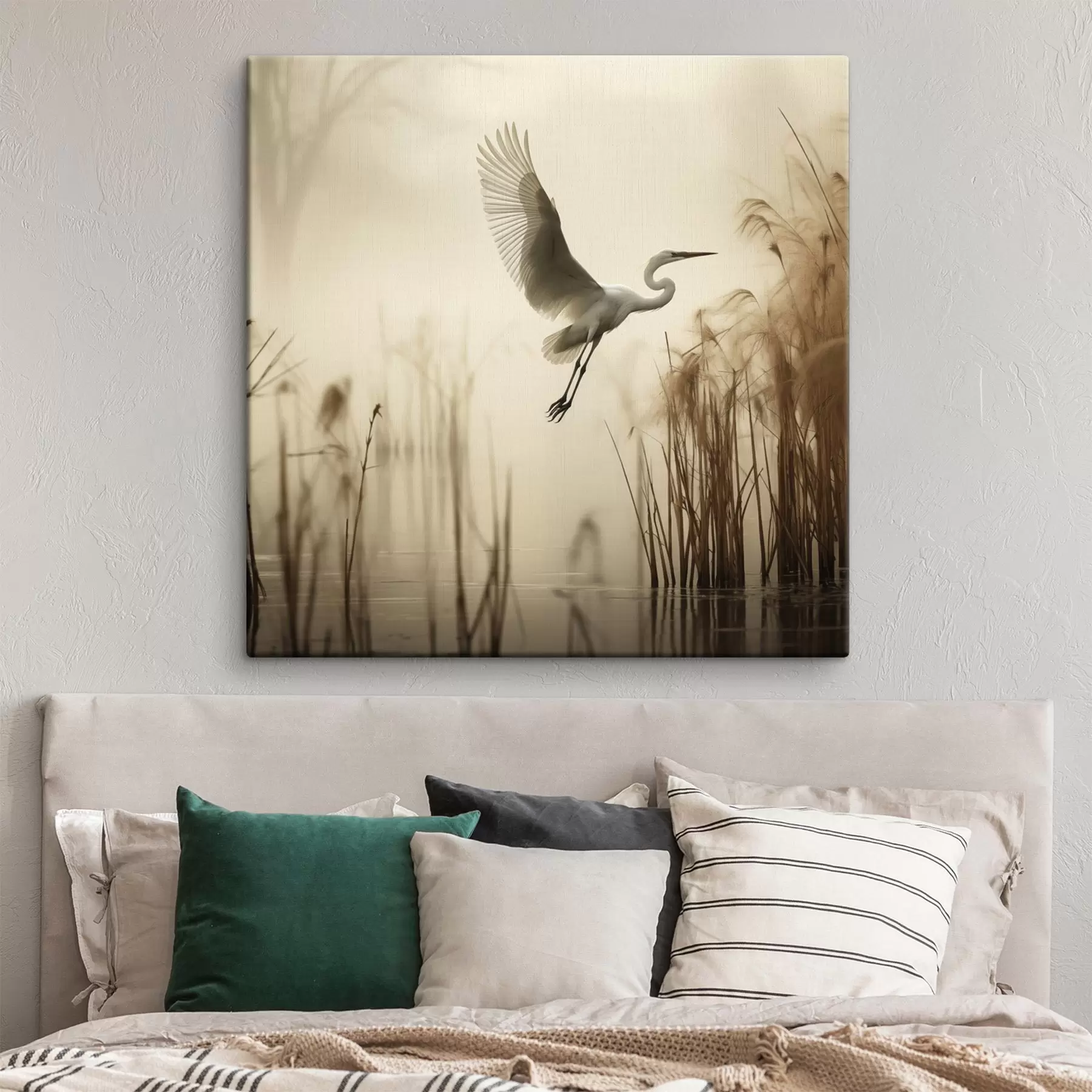 Paveikslėlis Balta garzetta skraido virš ežero, kurį supa aukšti nendrės, o fone matyti medžiai s48389