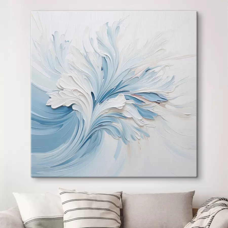Paveikslėlis Balto ir šviesiai mėlyno spalvų abstraktus gėlių motyvas su reljefiniais žiedlapiais ir sūkurinėmis linijomis s48395