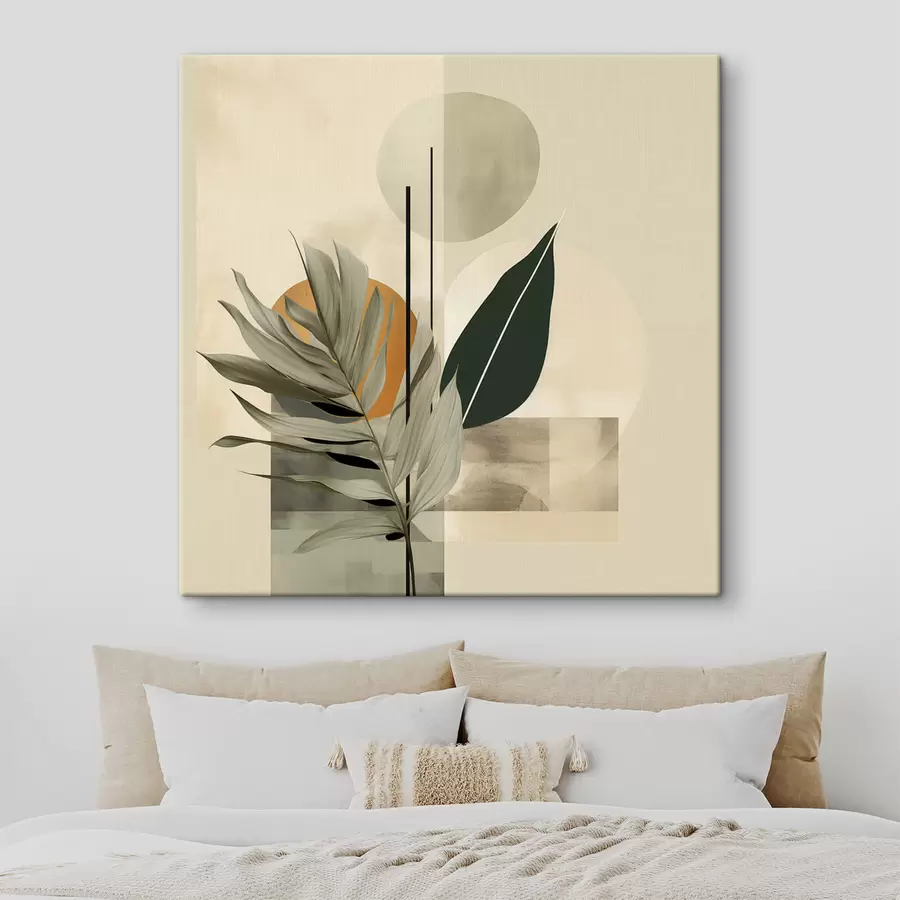 Paveikslėlis Tamsiai žali augalai su abstrakčiomis geometrinėmis figūromis ir akvarelinėmis tekstūromis smėlio bei žalios spalvos s48410