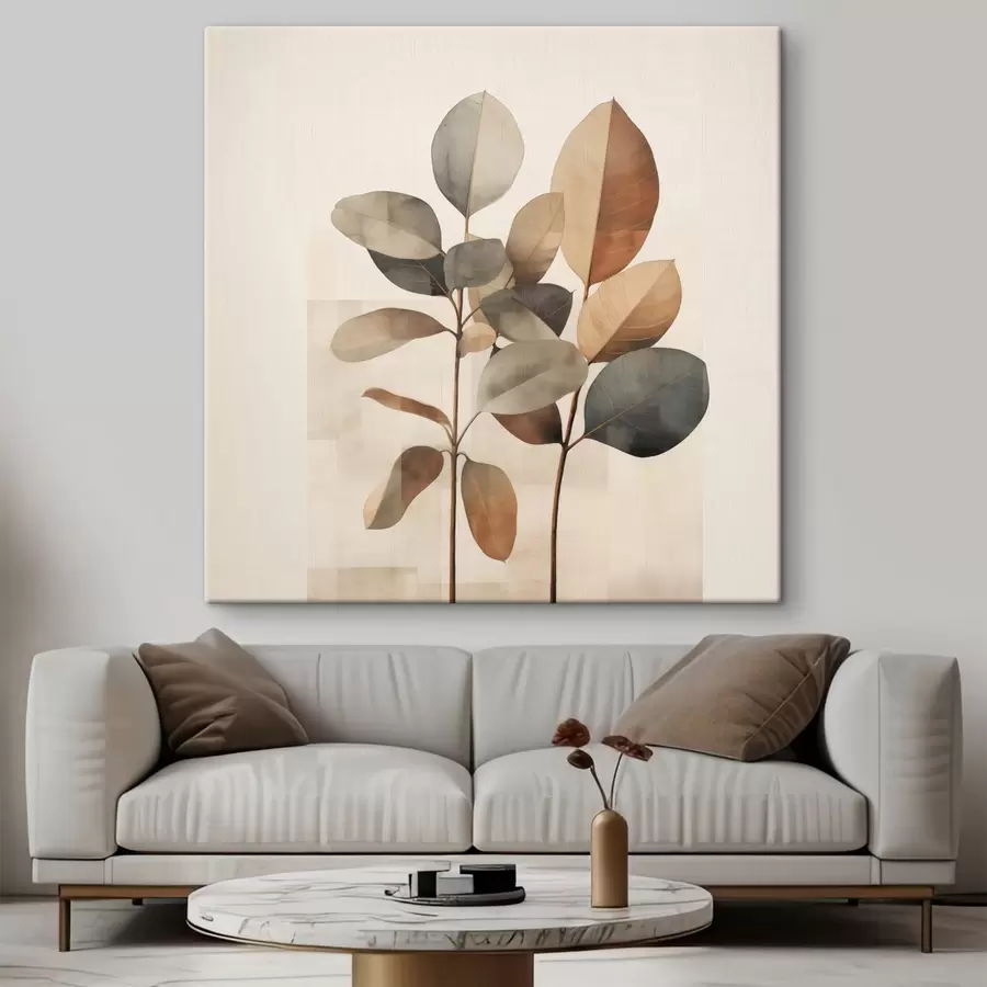 Paveikslėlis Aukšti augalai su ovalo formos lapais, nudažytais švelniomis spalvomis ir abstrakčiomis stačiakampėmis formomis s48413