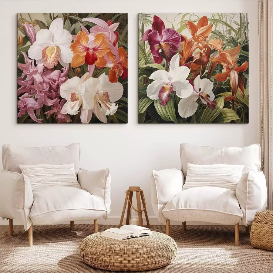 Paveikslėlis Tropinių gėlių puokštė, orchidėjos su žaliais lapais fone m30197