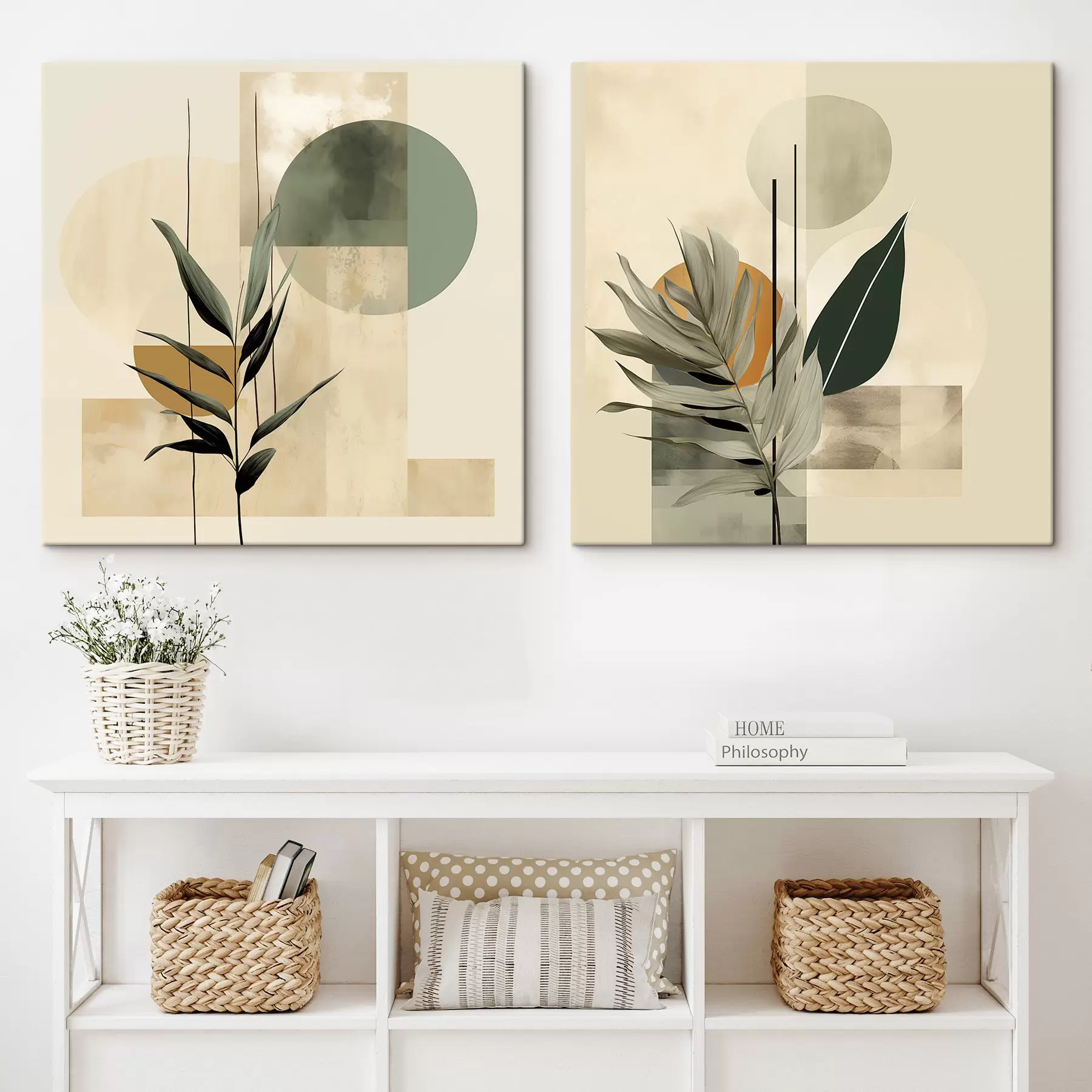 Paveikslėlis Tamsiai žali augalai su abstrakčiomis geometrinėmis figūromis ir akvarelinėmis tekstūromis smėlio bei žalios spalvos m30209