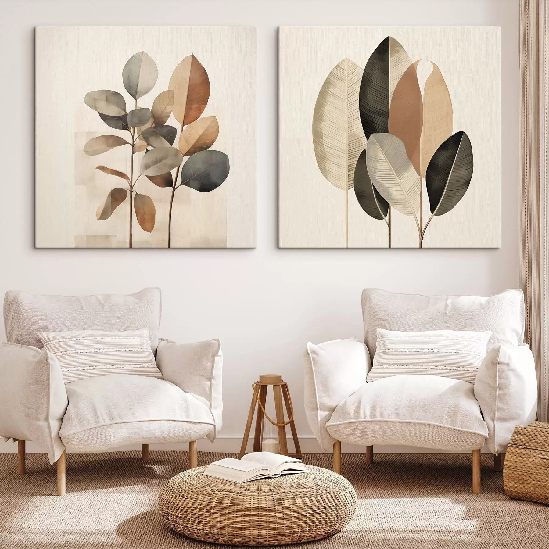 Paveikslėlis Aukšti augalai su ovalo formos lapais, nudažytais švelniomis spalvomis ir abstrakčiomis stačiakampėmis formomis m30211