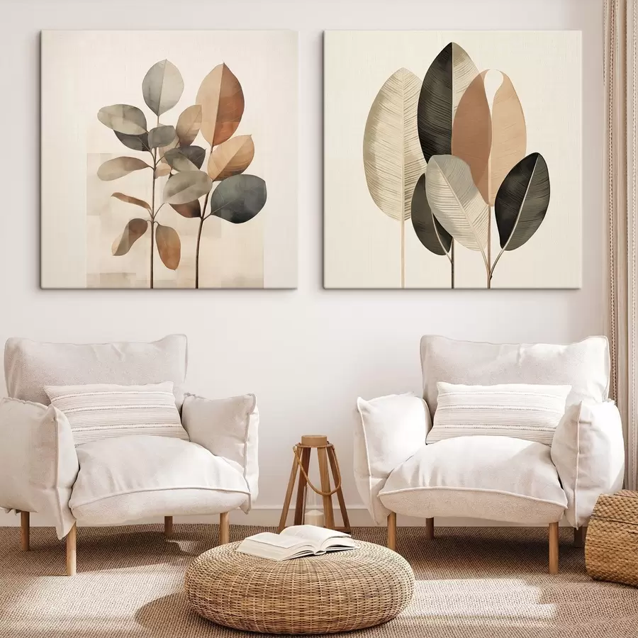 Fototapetai Aukšti augalai su ovalo formos lapais, nudažytais švelniomis spalvomis ir abstrakčiomis stačiakampėmis formomis m30211