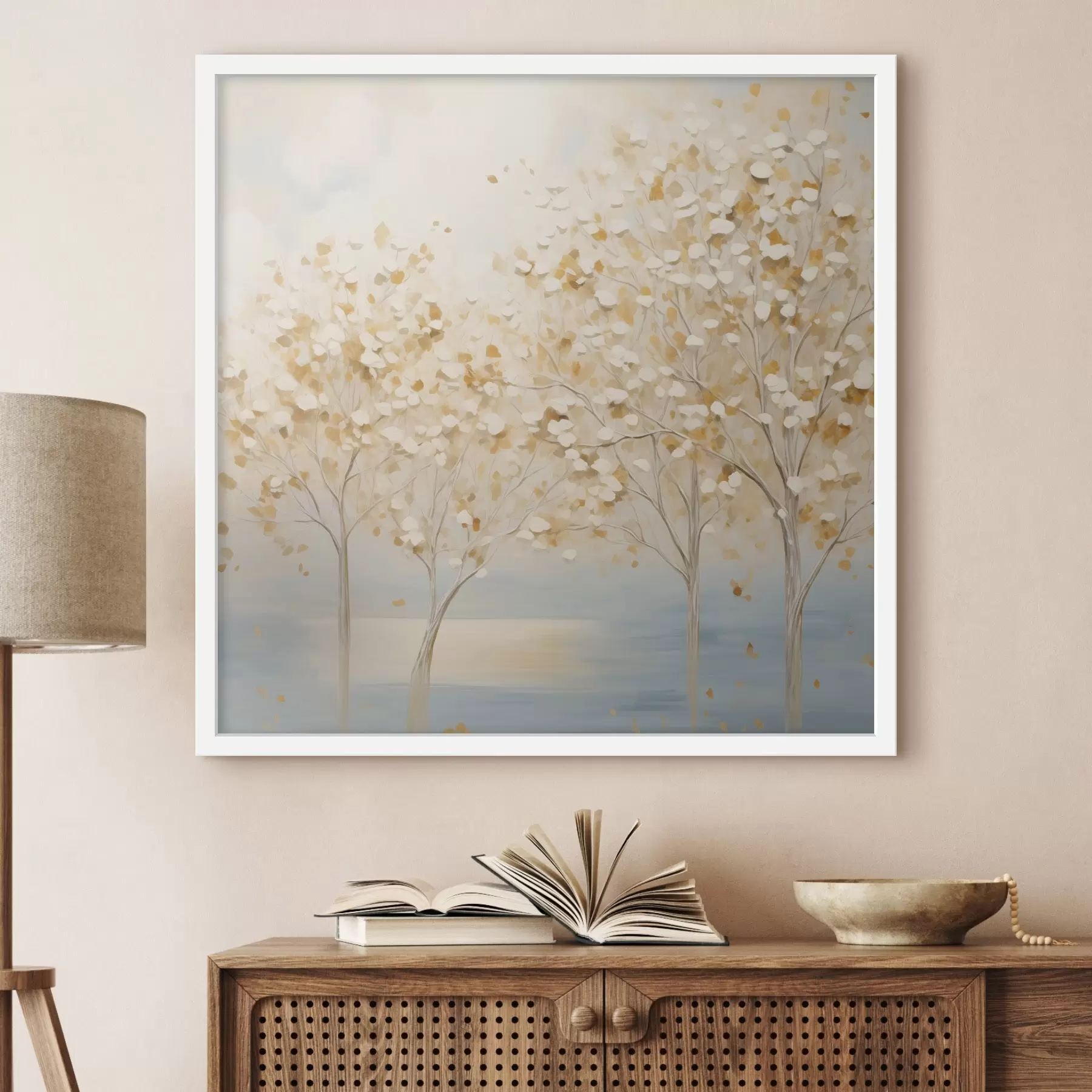 Fototapetai Tekstūrinis tapybos stilius, vaizduojantis medžius su baltais ir geltonais lapais prieš šviesiai mėlyną foną f48392