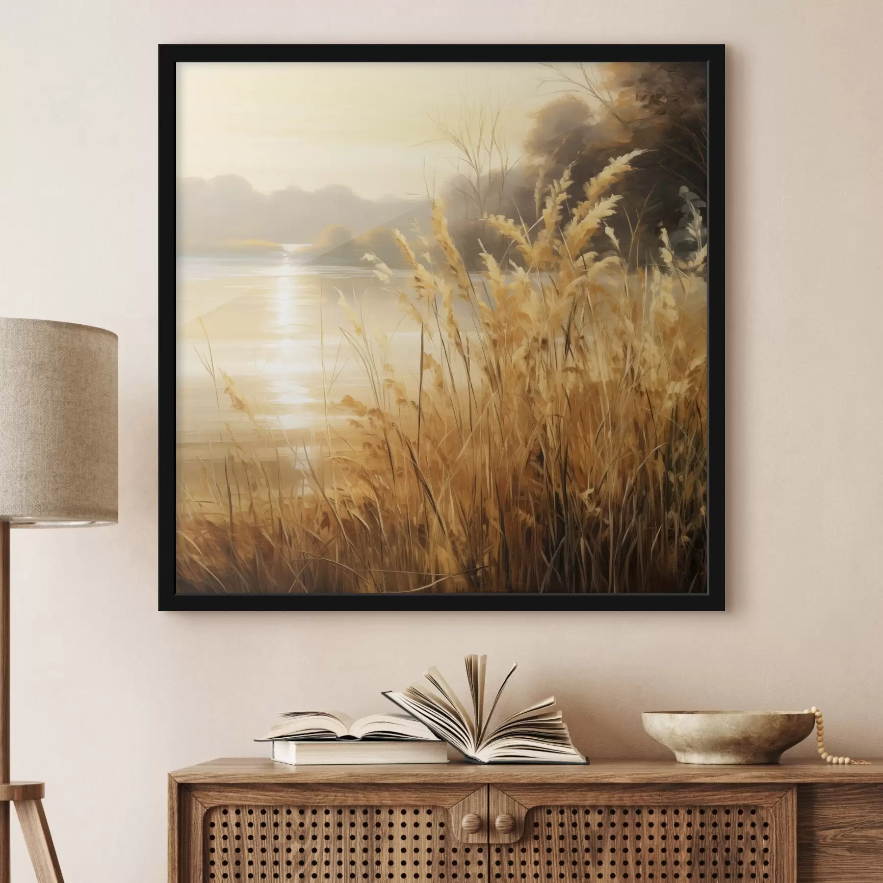 Fototapetai Pirmame plane – aukšta, išdžiūvusi žolė su varpeliais, o fone – ežeras ir medžiai f48393