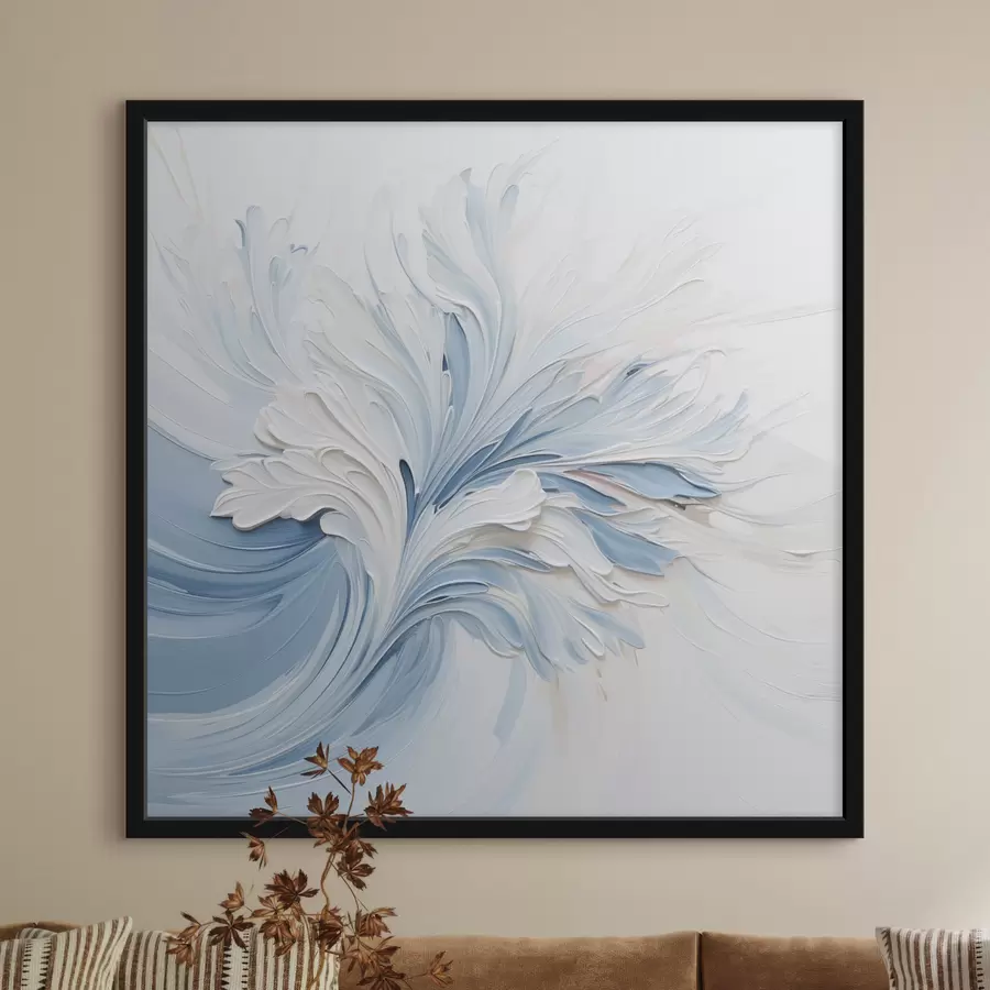 Fototapetai Balto ir šviesiai mėlyno spalvų abstraktus gėlių motyvas su reljefiniais žiedlapiais ir sūkurinėmis linijomis f48395