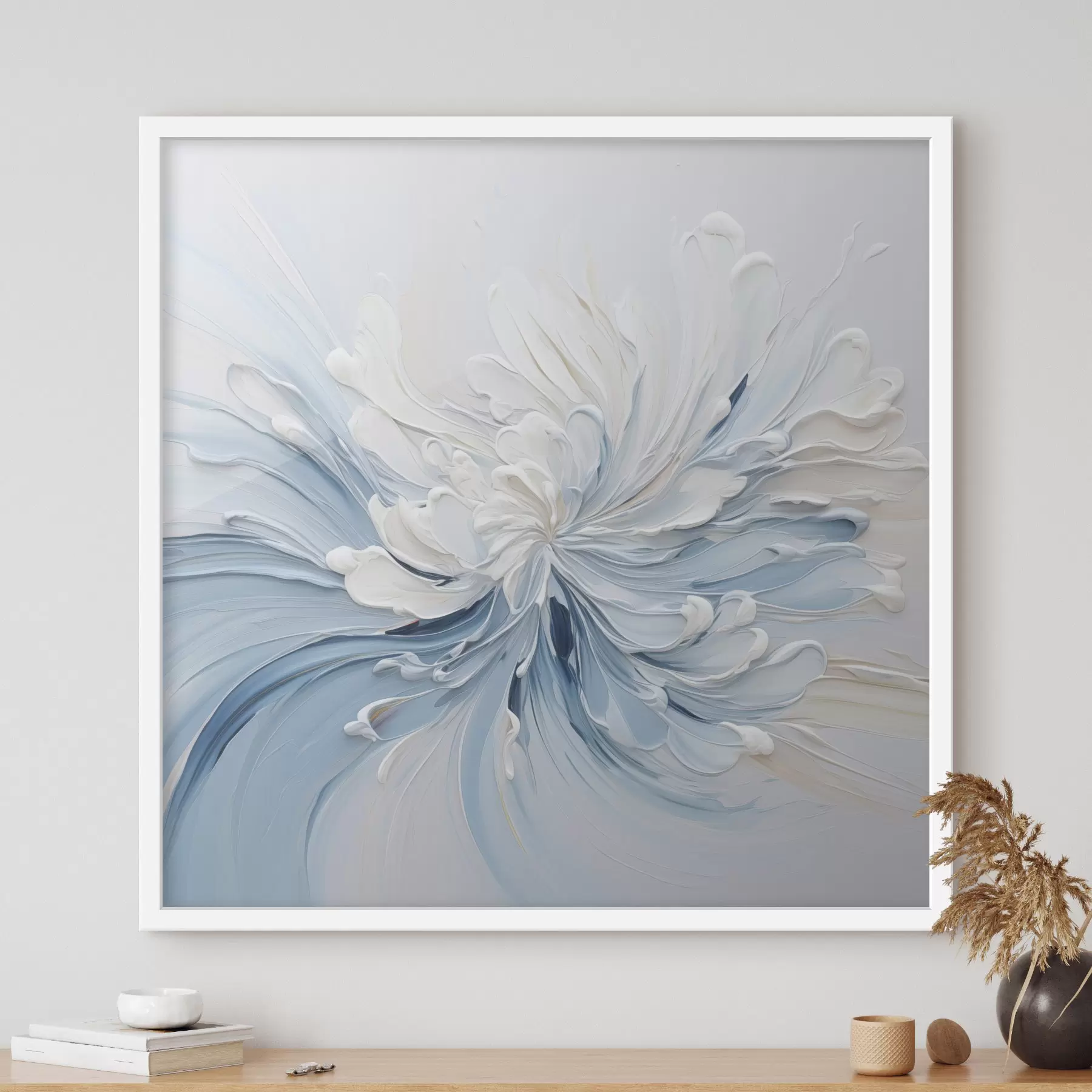 Fototapetai Balto ir šviesiai mėlyno spalvų abstraktus gėlių motyvas su reljefiniais žiedlapiais ir sūkurinėmis linijomis f48396