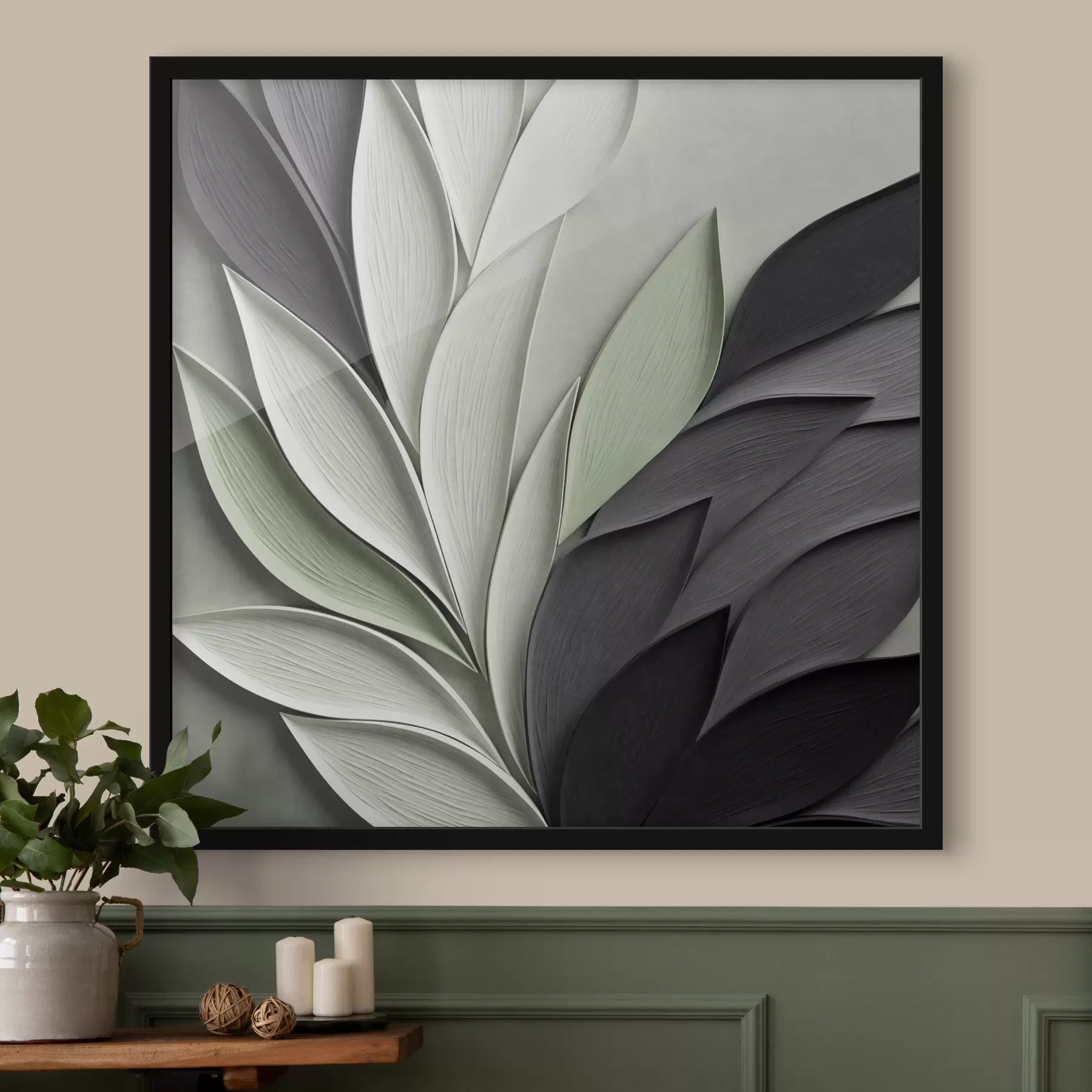 Fototapetai Abstrakčios stilizuotos lapų kompozicijos pilkos, baltos ir prislopintos žalios spalvų atspalviais f48411