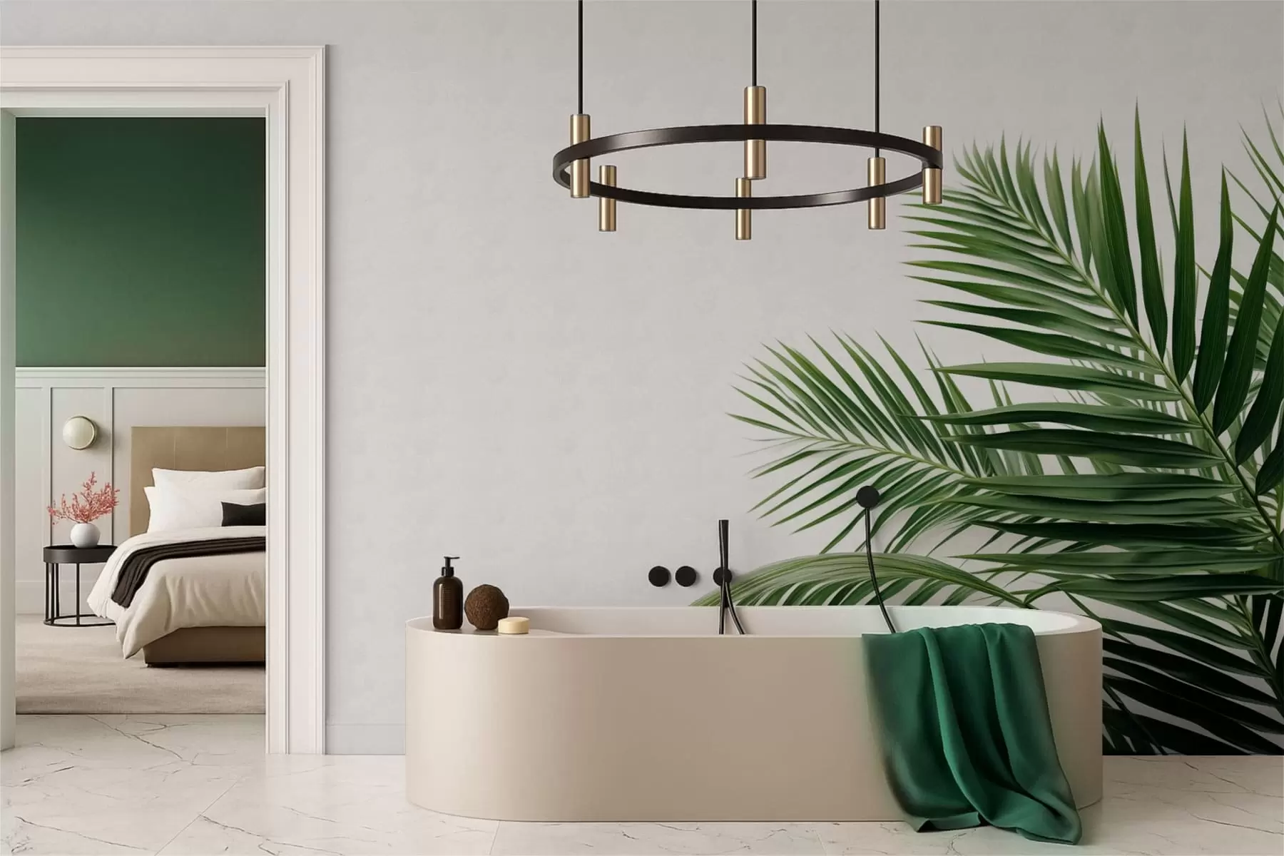 Fototapetai Žali palmių lapai šviesaus fono fone w05391