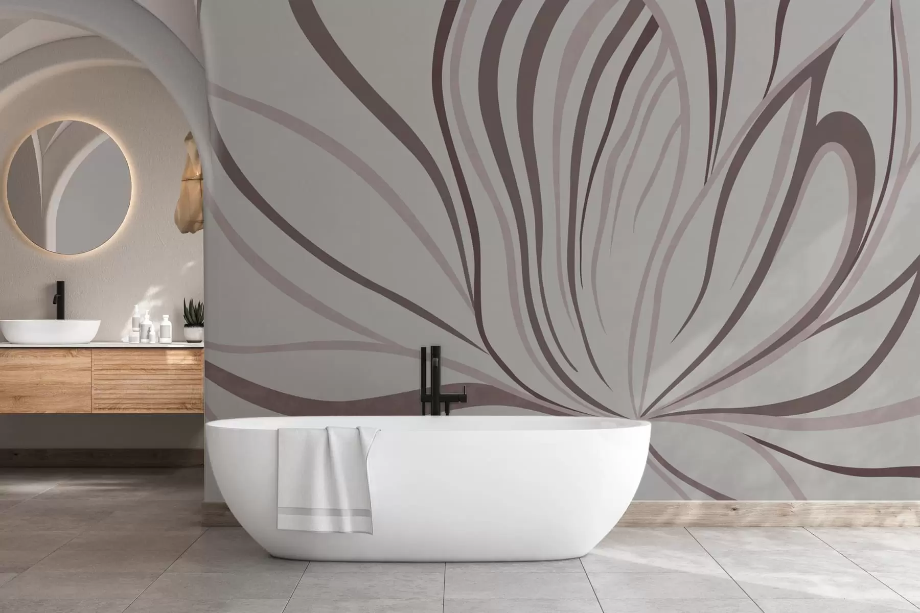 Fototapetai Stilizuota gėlė su švelniomis linijomis rožinės ir smėlio spalvų tonais w05392v1