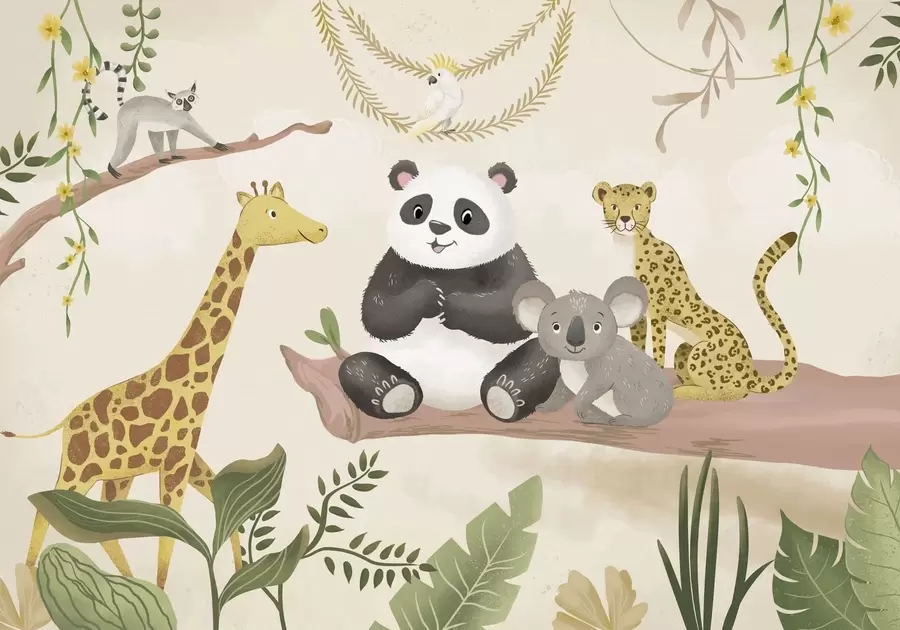 Fototapetai Mielos džiunglių gyvūnėlės ant šakos tarp augalų w05393