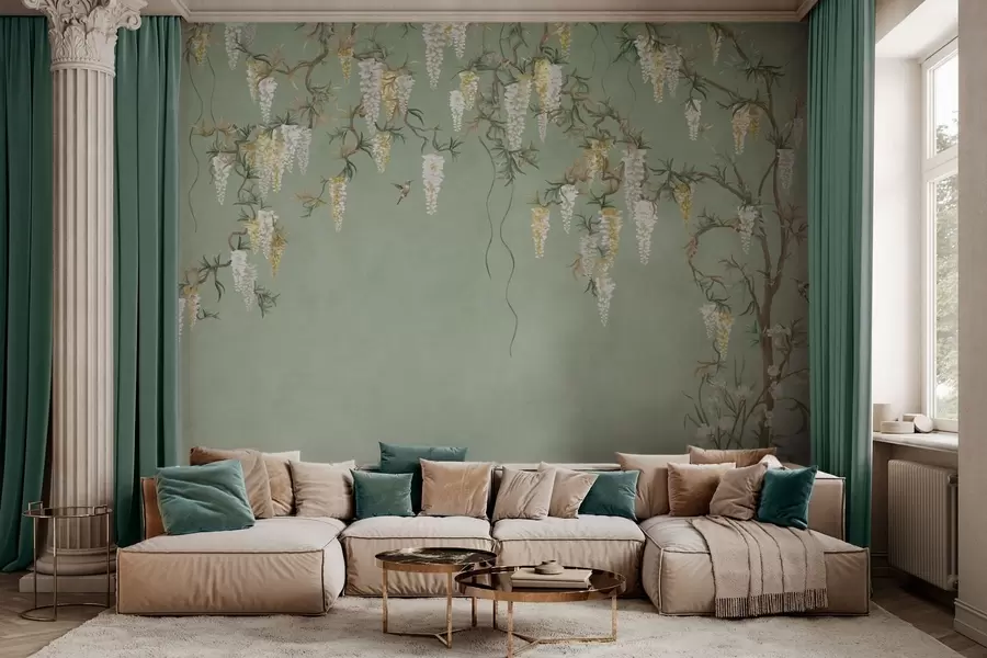 Fototapetai Žydinčios šakos su baltomis gėlėmis ir paukščiais ant žalios w05394