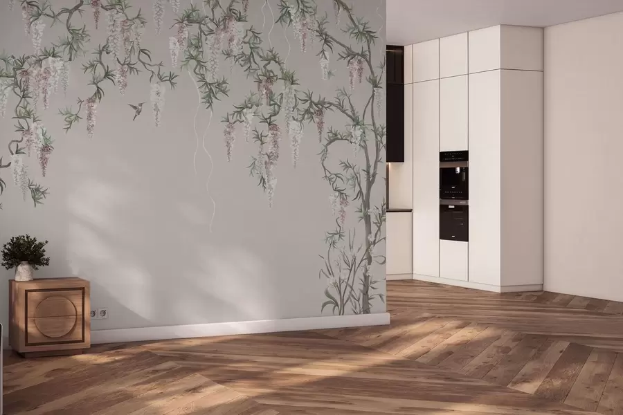 Fototapetai Žydinčios šakos su rožiniais žiedais ir paukščiais w05394v1