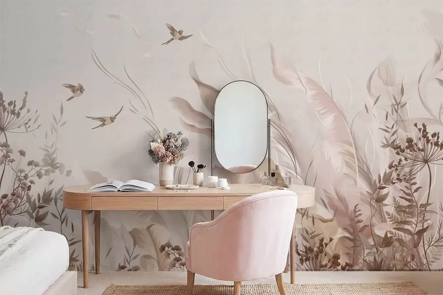 Fototapetai Švelnios plunksnos, žolės ir paukščiai šviesiomis spalvomis w05395