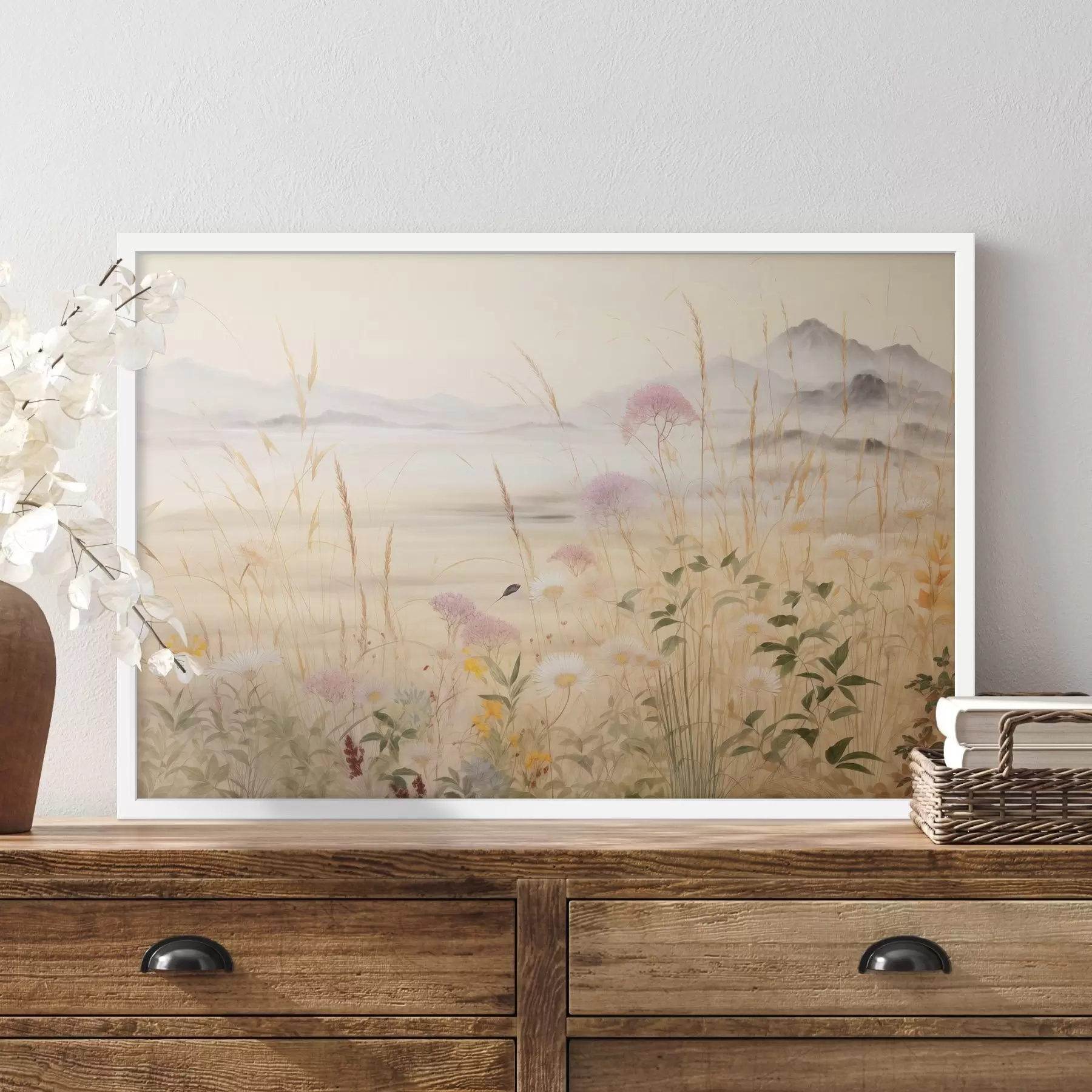 Fototapetai Smėlio spalvos gėlių laukas, pievų žolės, subtilus peizažas f48480