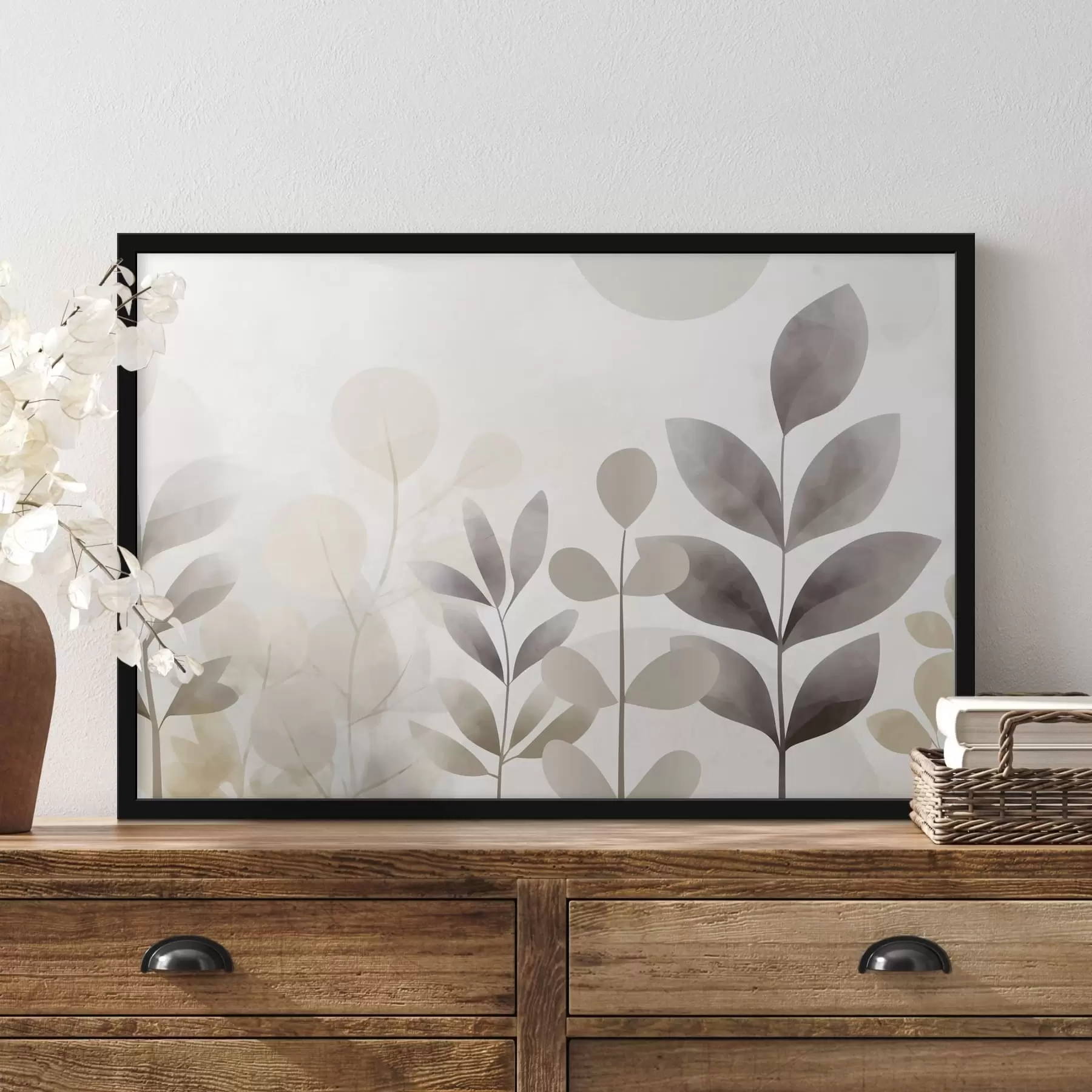 Fototapetai Smėlio spalvos ir pilkos lapų siluetai, minimalizmas f48487