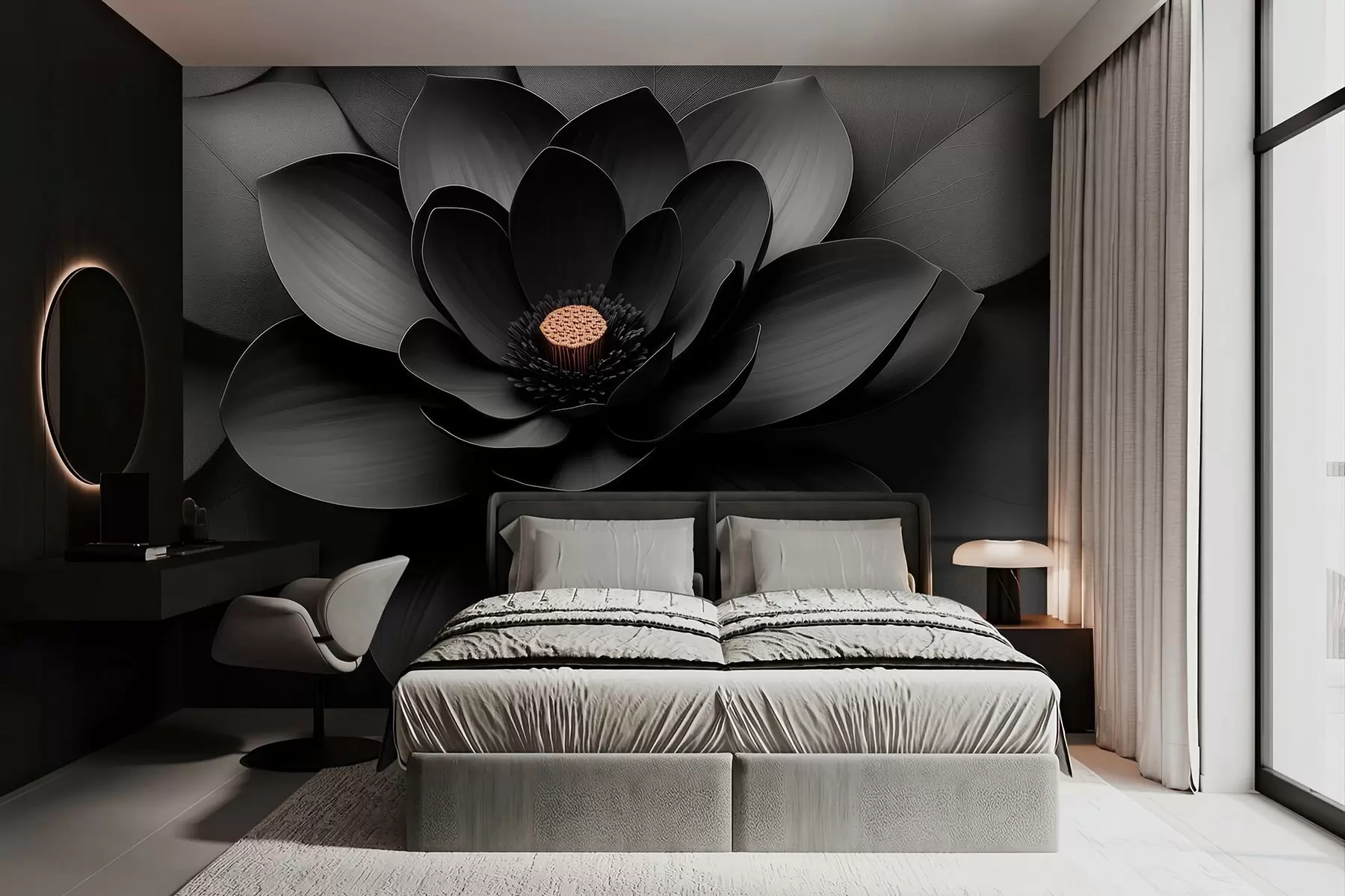 Fototapetai Minimalistinė juoda gėlė su žiedlapiais ir kontrastinga šilta vidurine dalimi w09721