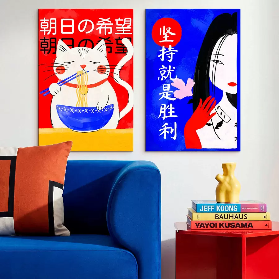 Paveikslėlis Diptikas su katės ir moters portretais, nutapytas drąsiu stiliumi m30233