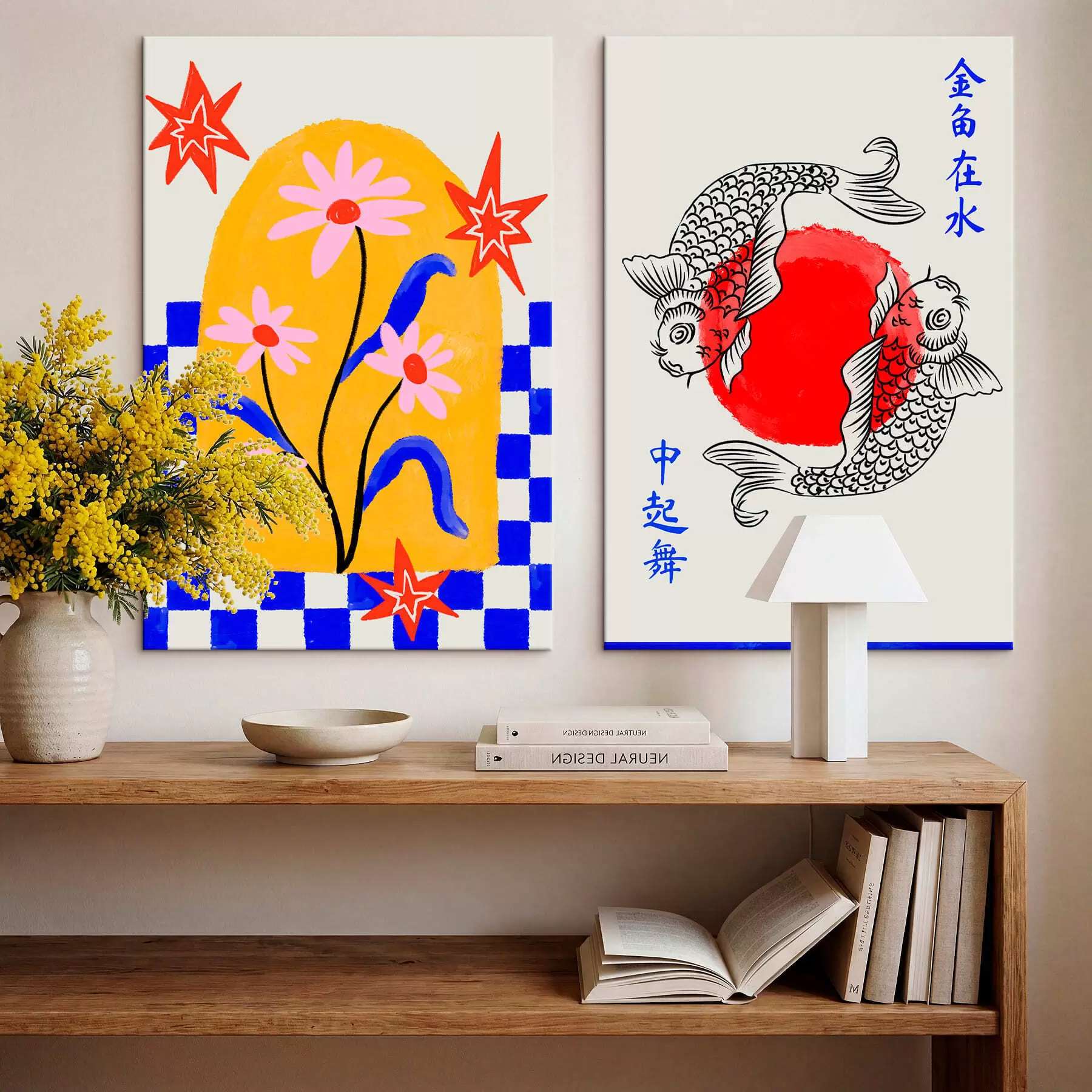 Paveikslėlis Diptikas su katinu ir dviem žuvimis raudonos ir baltos spalvų tonais m30235