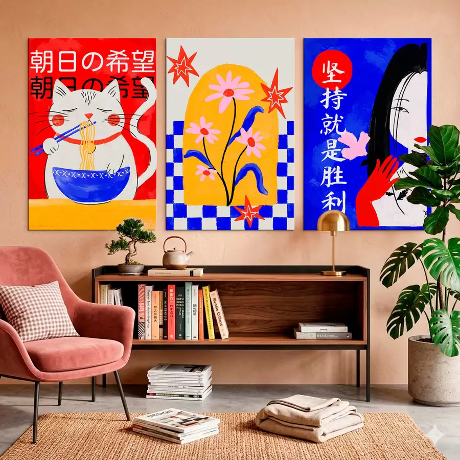 Paveikslėlis Triptikas su katės, žuvies ir moters portretais m30240