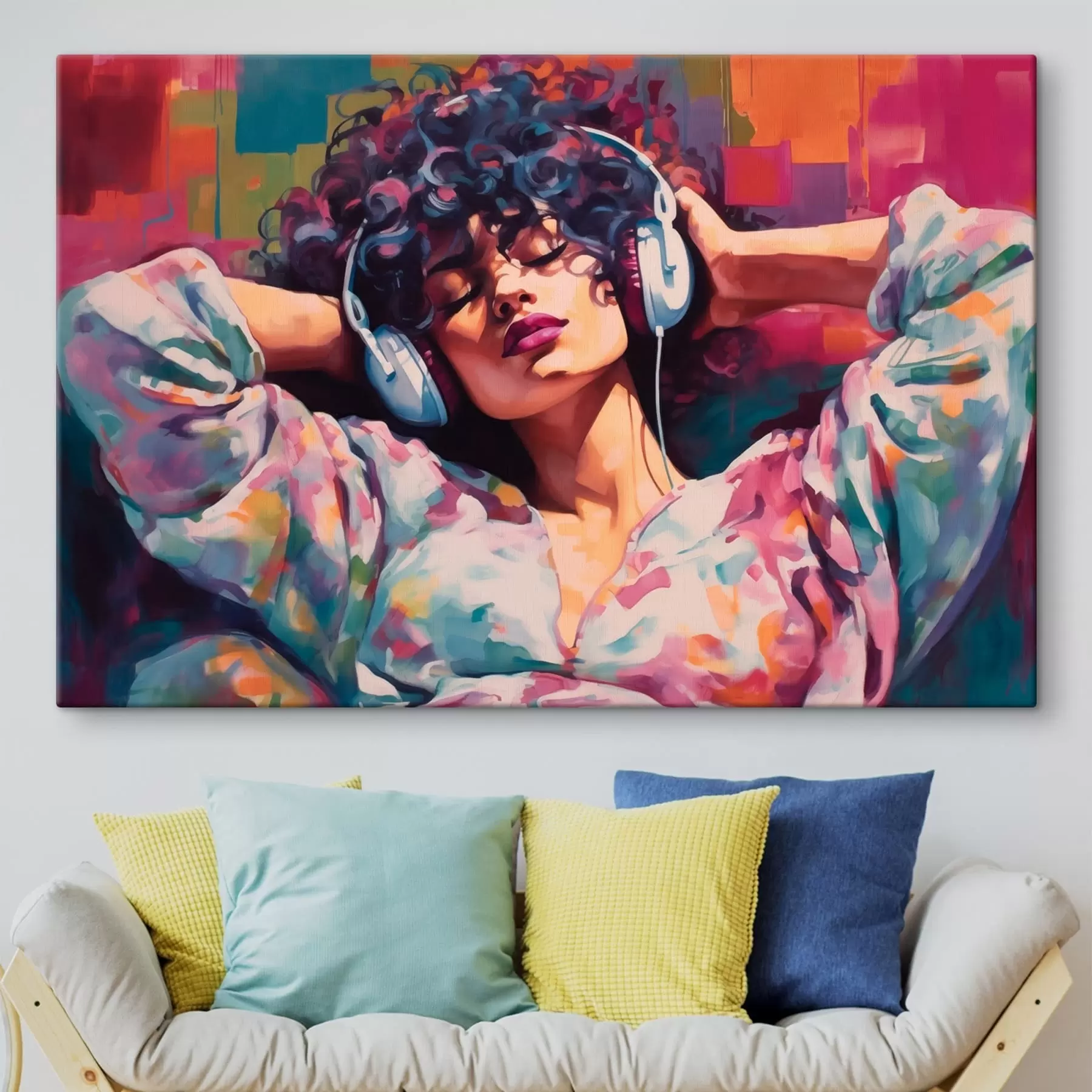 Fototapetai Moteris su ausinėmis, pavaizduota spalvingu tapybiniu stiliumi s48335