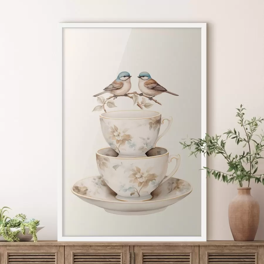 Fototapetai Du paukščiai ant šakos virš arbatos puodelių f48347